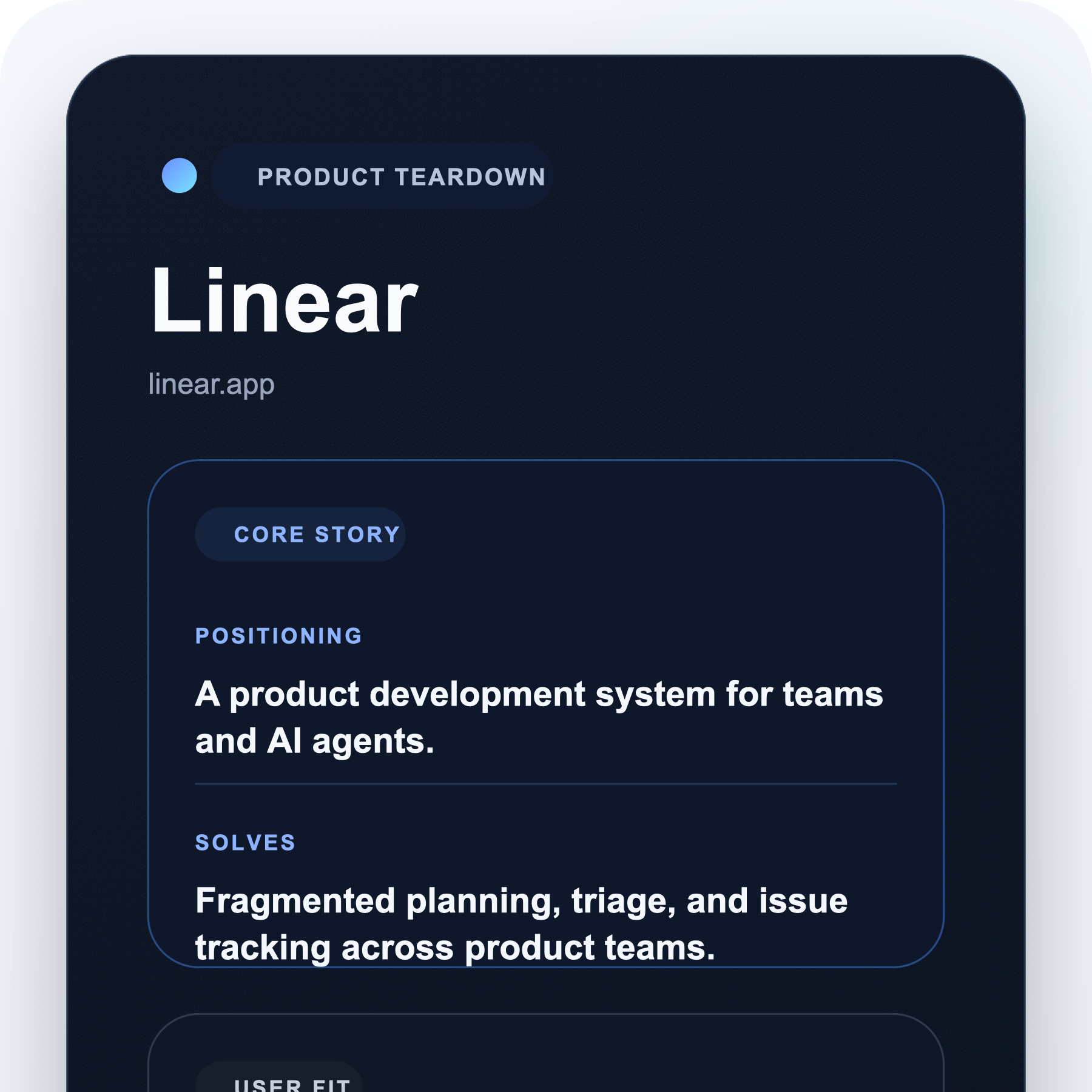 Teardown popup showing a structured product research card with positioning, pricing, workflow, and competitors.